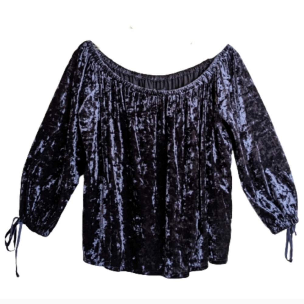 American Eagle Top Blouse Navy Blue Velvet Off The Shoulder Boho Size XS